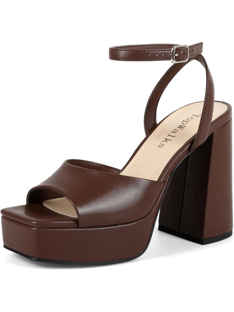Women's All Brown Chunky Heel Platform Sandals Open Toe Ankle Strap Party Shoes